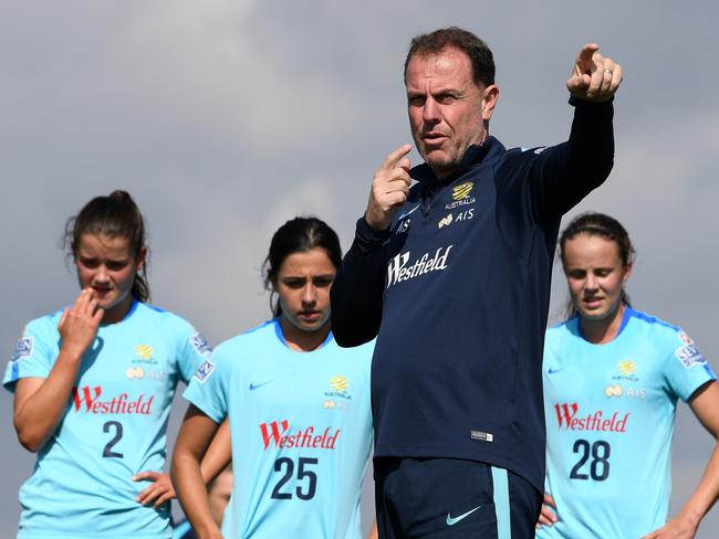 Matildas coach Alen Stajcic directing players at a training session in Portugal earlier this year.