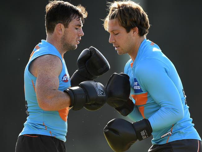 Brent Daniels (left) was shattered to learn of Toby Greene’s right shoulder fracture that will sideline him for a month. Picture: AAP Image