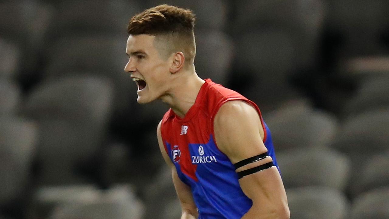 MELBOURNE, AUSTRALIA - JUNE 13: Bayley Fritsch of the Demons celebrates a goal during the 2020 AFL Round 02 match between the Carlton Blues and the Melbourne Demons at Marvel Stadium on June 13, 2020 in Melbourne, Australia. (Photo by Michael Willson/AFL Photos via Getty Images)