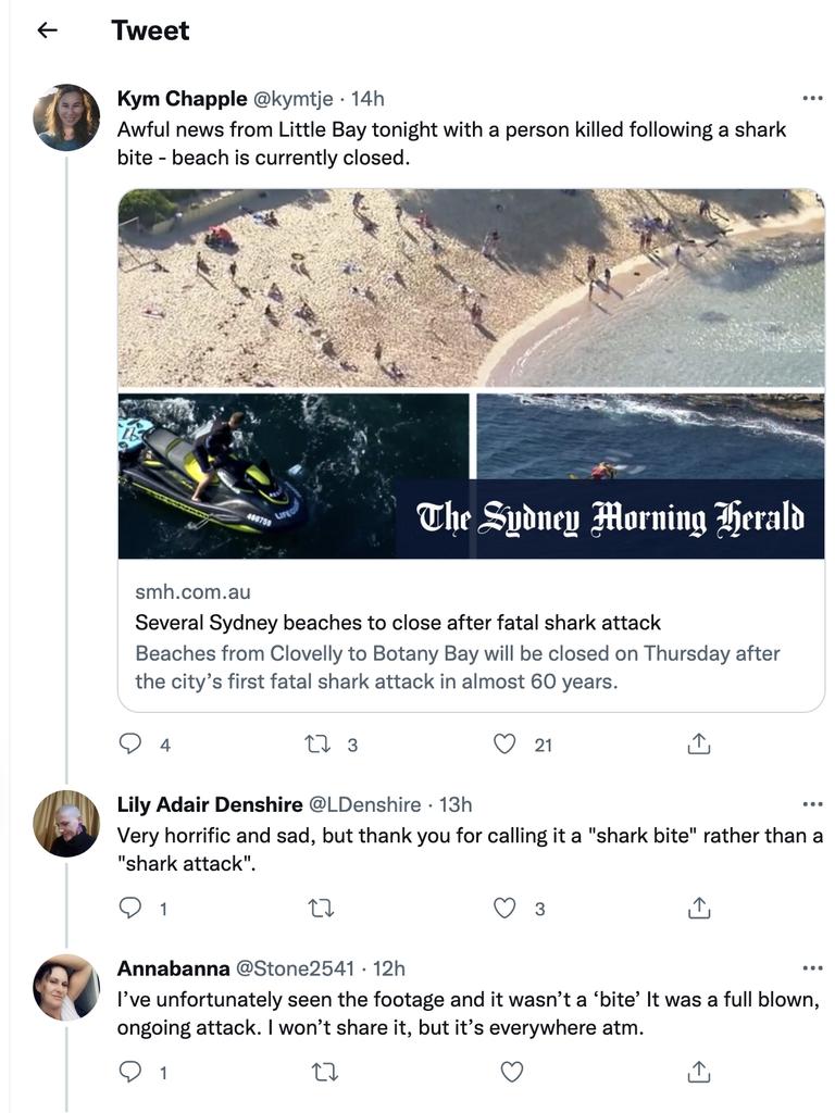 Greens Deputy Mayor of Randwick tweeting about it being just a "shark bite" not an attack , https://twitter.com/kymtje/status/1493889332536819716, ,