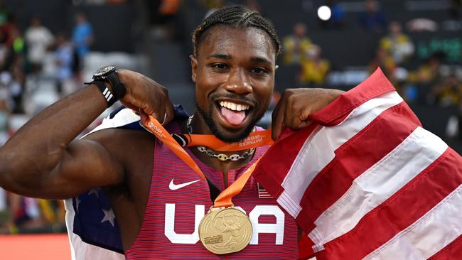 BUDAPEST, HUNGARY – AUGUST 20: Gold medalist Noah Lyles of Team United States reacts after winning the Men's 100m Final during day two of the World Athletics Championships Budapest 2023 at National Athletics Centre on August 20, 2023 in Budapest, Hungary. (Photo by David Ramos/Getty Images)