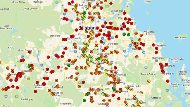 This map shows petrol prices across Brisbane, with those marked in red charging more than $2.15 per litre, and those in dark green the cheapest with fuel available for under $1.99. Picture: Motormouth