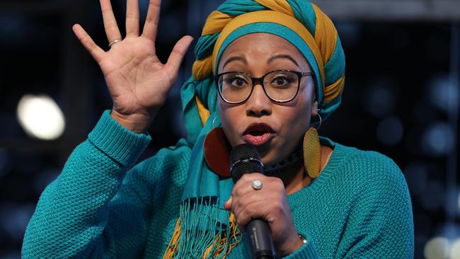 Author Yassmin Abdel-Magied examined the issues of racism, multiculturalism and human rights in Australia as part of a talk to school students yesterday. Picture: Chris Pavlich/The Australian