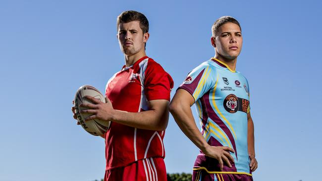 Palm Beach Currumbin captain Toby Sexton and Keebra Park captain Reece Walsh ahead of their schools’ match which will likely decide the winner of the Allan Langer Cup. Picture: Jerad Williams.