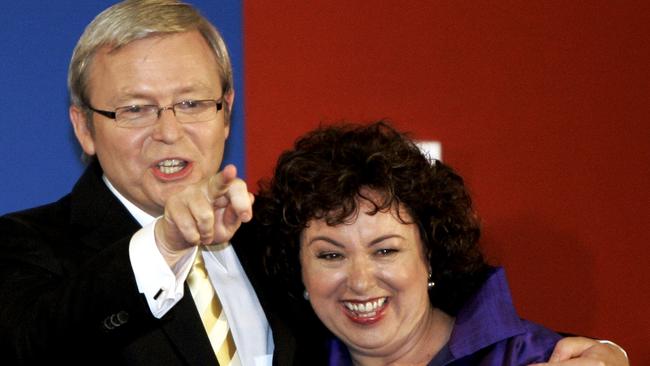 Kevin Rudd and his wife Therese Rein celebrate during his acceptance speech.