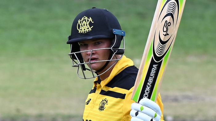 HOBART, AUSTRALIA - FEBRUARY 26: Josh Philippe of Western Australia celebrates scoring a half century during the Marsh One Day Cup match between Tasmania and Western Australia at Blundstone Arena, on February 26, 2023, in Hobart, Australia. (Photo by Steve Bell/Getty Images)