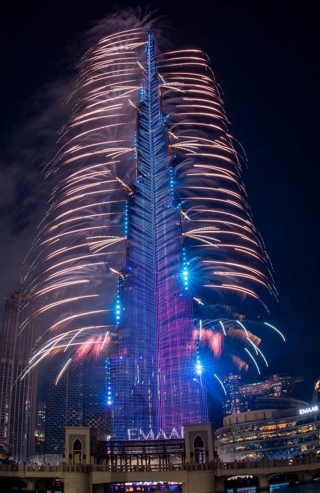 Fireworks on the Burj Khalifah tower in Dubai. Picture: AFP