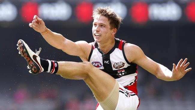 NAB Challenge AFL. Melbourne v St Kilda at Etihad Stadium. Jack Billings kicks at goal 1st qtr . Pic: Michael Klein