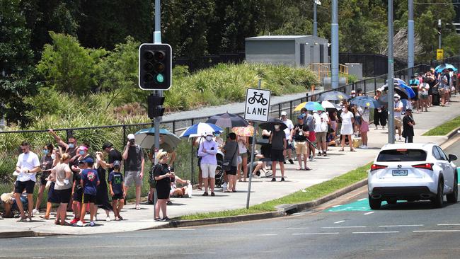 Huge queues snake around the block from Gold Coast University Hospital’s Covid testing clinic. Picture: Glenn Hampson