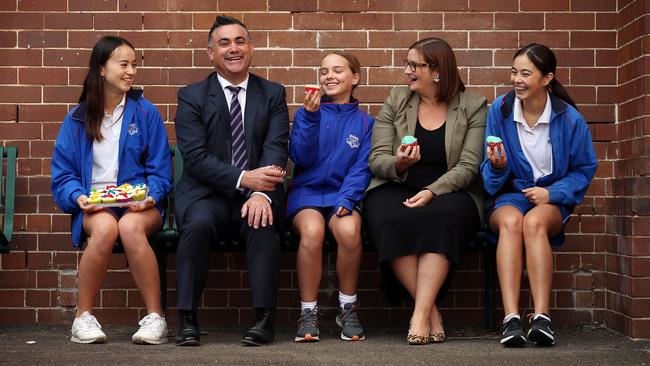 Politicians John Barilaro and Sarah Mitchell at Willoughby Girls High School for the Adopt A Farmer campaign. Picture: Sam Ruttyn