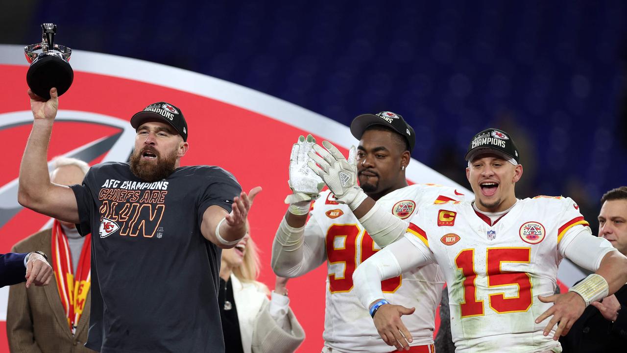 Travis Kelce (left) and the Chiefs are off to the Super Bowl. Rob Carr/Getty Images/AFP.