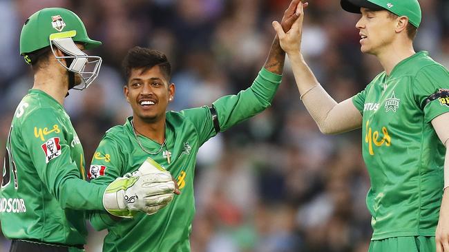 Melbourne Stars spinner Sandeep Lamichhane celebrates taking the wicket of Renegades batsman Tom Cooper. Picture: Getty Images