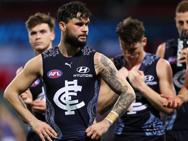 SYDNEY, AUSTRALIA - JUNE 06: Zac Williams of the Blues looks dejected after defeat during the round 12 AFL match between the Carlton Blues and the West Coast Eagles at Sydney Cricket Ground on June 06, 2021 in Sydney, Australia. (Photo by Mark Kolbe/Getty Images)