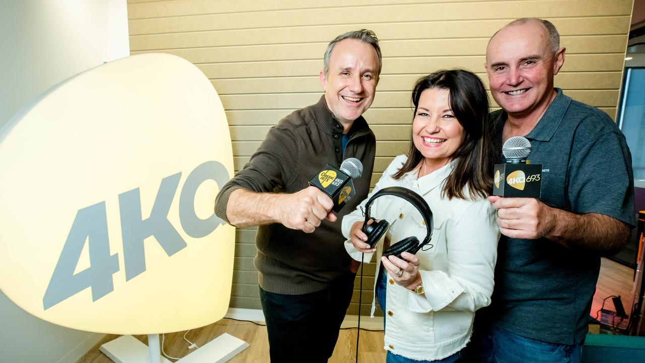 Mark Hine, Laurel Edwards and Gary Clare ahead of their final show for 4KQ last week. Picture: Richard Walker