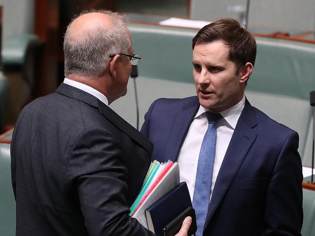 Alex Hawke with PM Scott Morrison at Parliament House in Canberra. Picture: Kym Smith