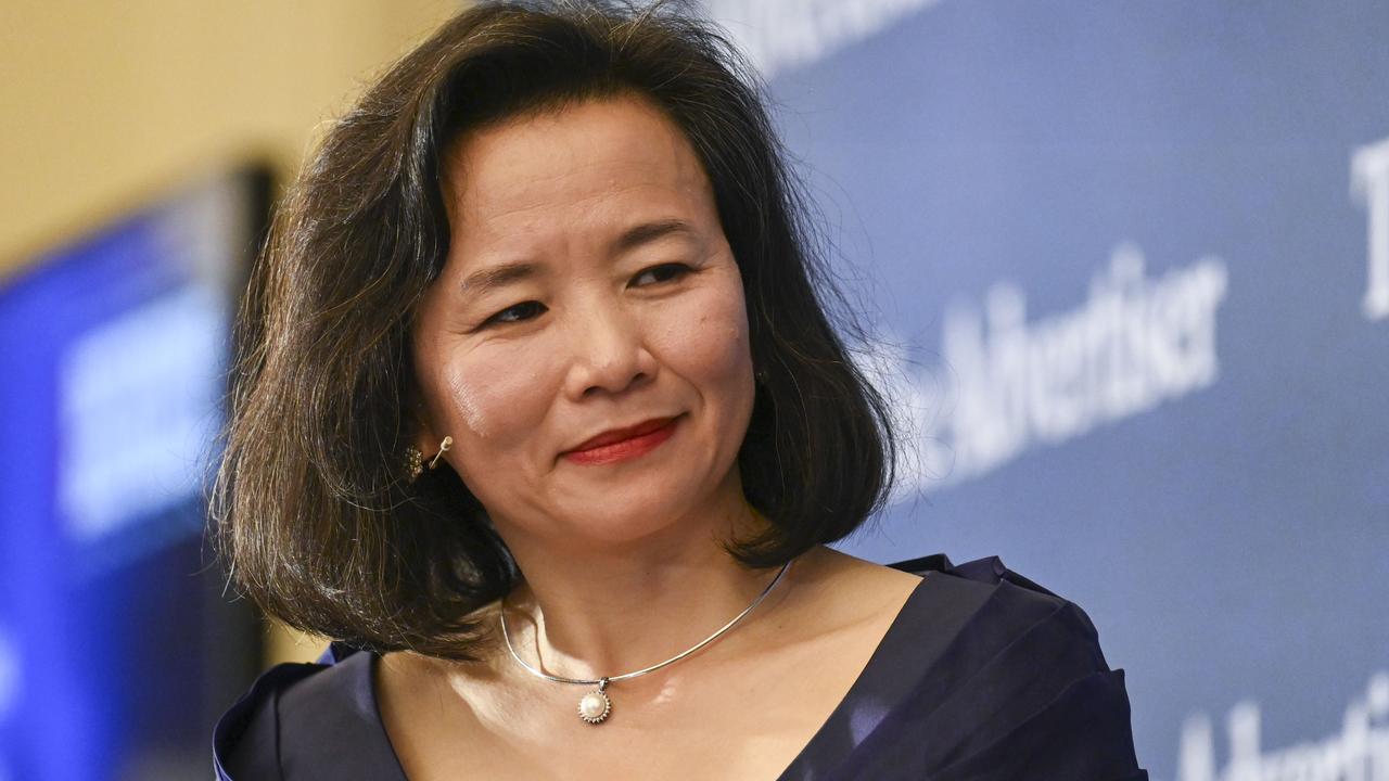 Sky News Australia journalist Cheng Lei was blocked from the view of cameras during the China-Australia press event in Canberra. Picture: Martin Ollman