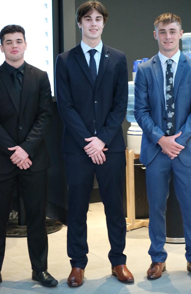 Zak Mallac, Ollie Dingle and Josh Shanahan at the St Teresa's Catholic College 2023 formal at the Novotel Sunshine Coast Resort in Twin Waters. Picture: Letea Cavander