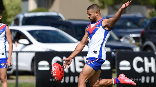 Ahmed Saad kicks for goal for West Preston-Lakeside. Picture: Steve Tanner