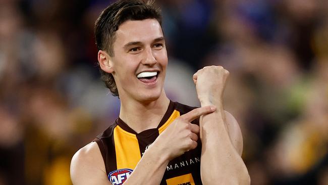 MELBOURNE, AUSTRALIA - SEPTEMBER 06: Connor Macdonald of the Hawks celebrates a goal during the 2024 AFL Second Elimination Final match between the Western Bulldogs and the Hawthorn Hawks at The Melbourne Cricket Ground on September 06, 2024 in Melbourne, Australia. (Photo by Michael Willson/AFL Photos via Getty Images)