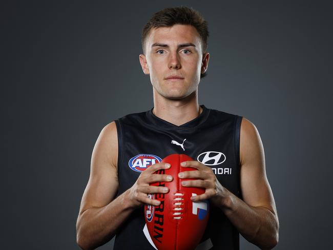 MELBOURNE, AUSTRALIA - NOVEMBER 20: Jagga Smith of the Blues poses for a photograph during the 2024 AFL Draft at Marvel Stadium on November 20, 2024 in Melbourne, Australia. (Photo by Daniel Pockett/Getty Images)