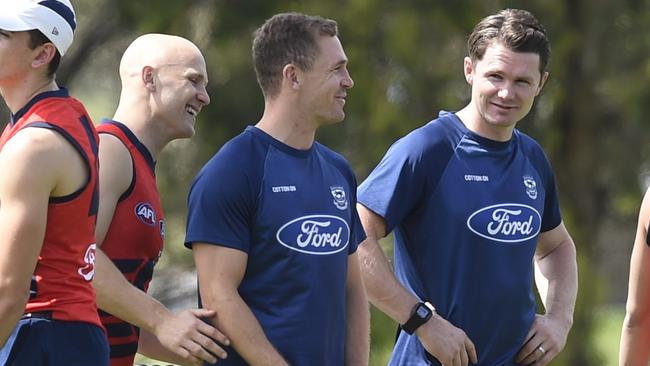 Gary Ablett, Joel Selwood and Patrick Dangerfield have combined forces at Geelong. Picture: Alan Barber