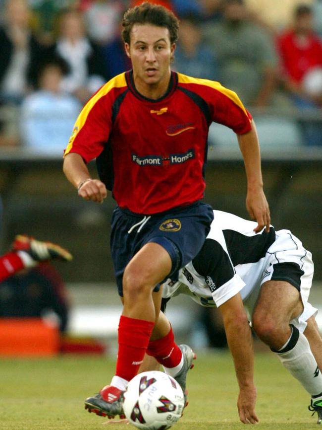 Adriano Pellegrino, pictured in action for Western Strikers (left) and Adelaide United (right), has fractured his arm while playing for Adelaide City. Picture: Stephen Laffer