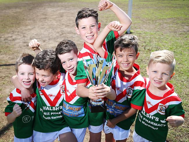 (L to R) Lennox Ring, Charlie Moore, Rex Howes, Axel Howes, Zac Howes, Mason Peters. Pose for a photo at Pioneers Park on the 26th of August, 2017.  The South Sydney Seagulls have won the South Sydney District Club Championship with the most number of overall points.(AAP IMAGE/ Danny Aarons)