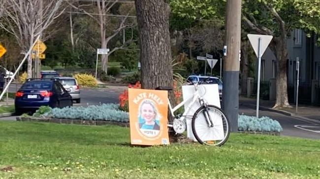 South Yarra Ward candidate for the Stonnington Council Kate Hely has been accused of "illegal election tactics" after padlocking her corflutes to bicycles on council land. Picture: supplied.