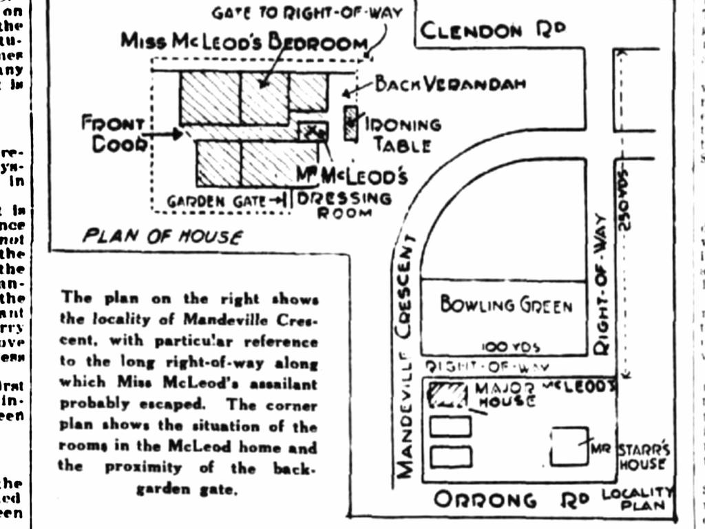 A 1929 newspaper map of the McLeod house and surrounds, where the murder took place. Picture: Trove