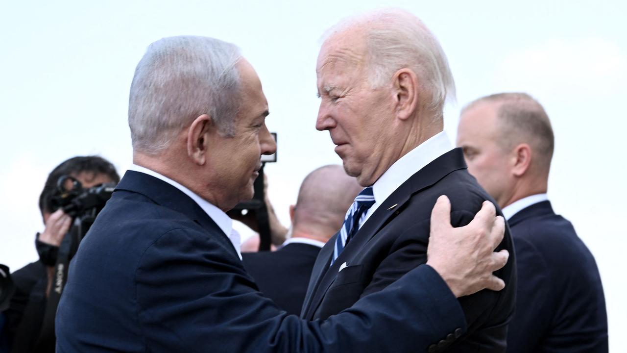 Israel Prime Minister Benjamin Netanyahu greets US President Joe Biden on October 18, 2023. Picture: Brendan SMIALOWSKI / AFP