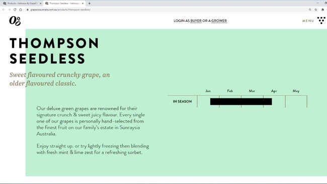 Alleged misleading place of origin on Grape Co website. Picture: Supplied/ACCC