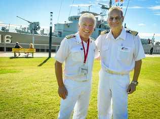 WARM WELCOME: Captain Adriano Binacchi and hotel director (crewman) Duncan Puttock. Picture: Matt Taylor GLA220618SHIP