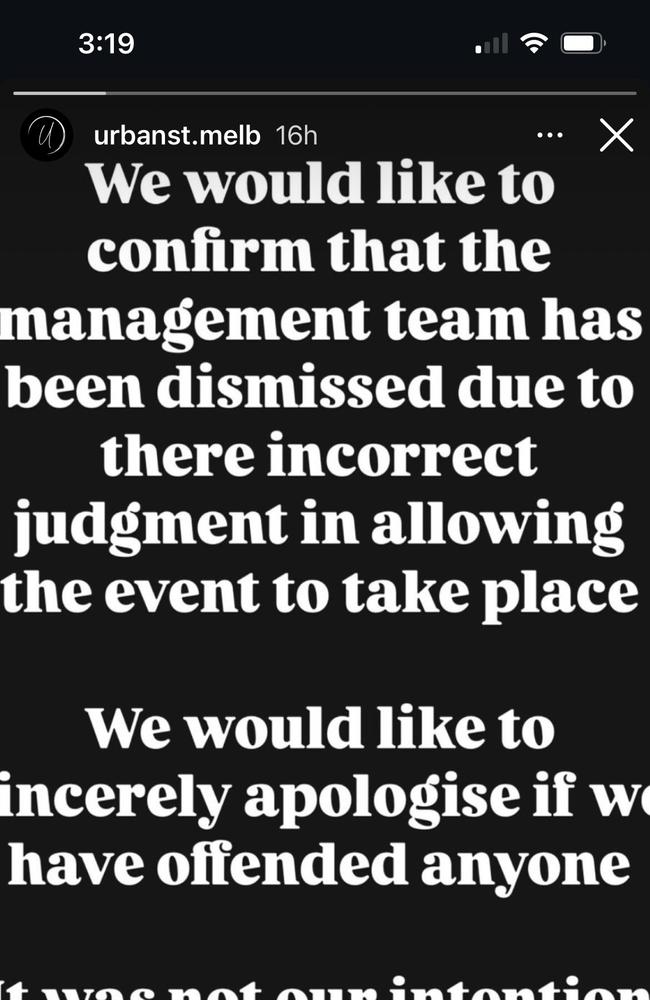 Urban Street take to Instagram to issue an apology and confirm its management team has been dismissed. Picture: Instagram