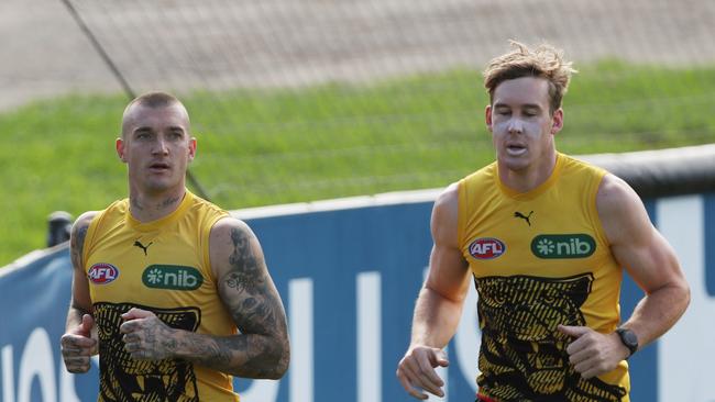 Dustin Martin and Tom Lynch at Richmond AFL training. Wednesday, January  24, 2024. Picture: David Crosling