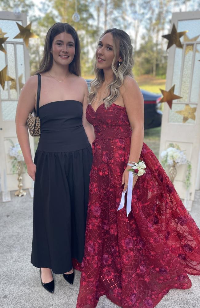 Leila Metcalfe and Daisy Groves arrive at the 2024 Gympie State High School graduation formal.