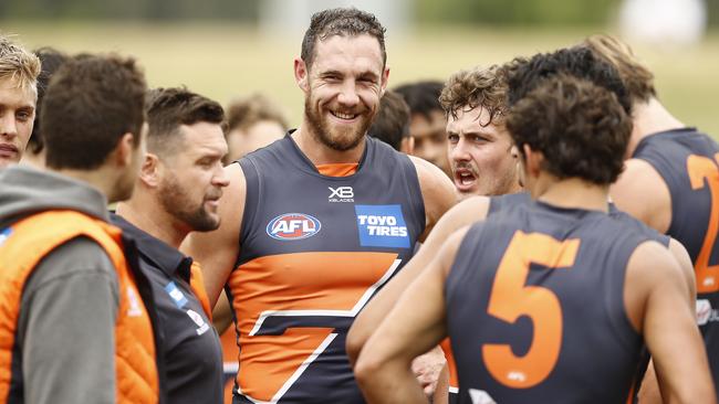 Shane Mumford has a laugh during the Giants’ scratch match against Sydney.