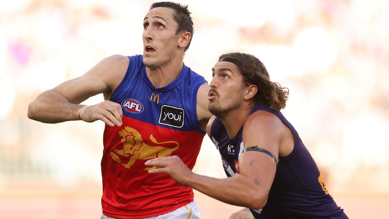 Oscar McInerney and Luke Jackson battle in the ruck. Picture: Will Russell/AFL Photos via Getty Images