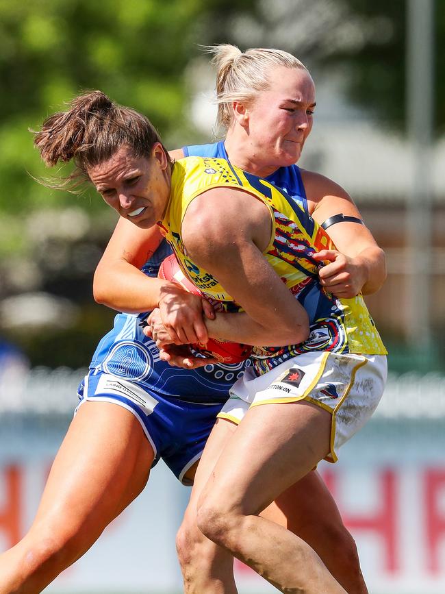 Chelsea Randall of the Crows and Zoe Savarirayan of the Kangaroos. Picture: Sarah Reed