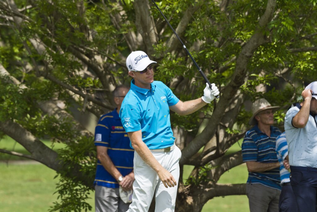 Brad Kennedy reacts after teeing off from the tenth in round three of the Queensland PGA Championship at City Golf Club, Saturday, February 15, 2020. Picture: Kevin Farmer