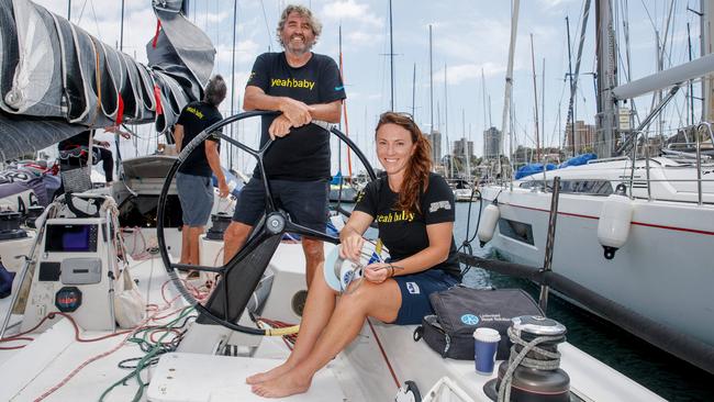 Skipper Andy Lamont and crew membr Phoebe Reedman aboard Hutchies Yeah Baby at Rushcutters Bay, Sydney. Picture: Nikki Short/The Australian.