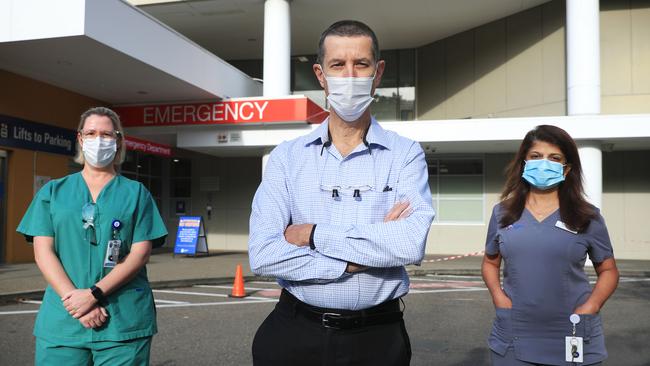 Emergency Registered Nurse India Wells, director of surgery Tony Grabs and director of intensive care Priya Nair at St Vincent’s Hospital, Sydney. Picture: John Feder