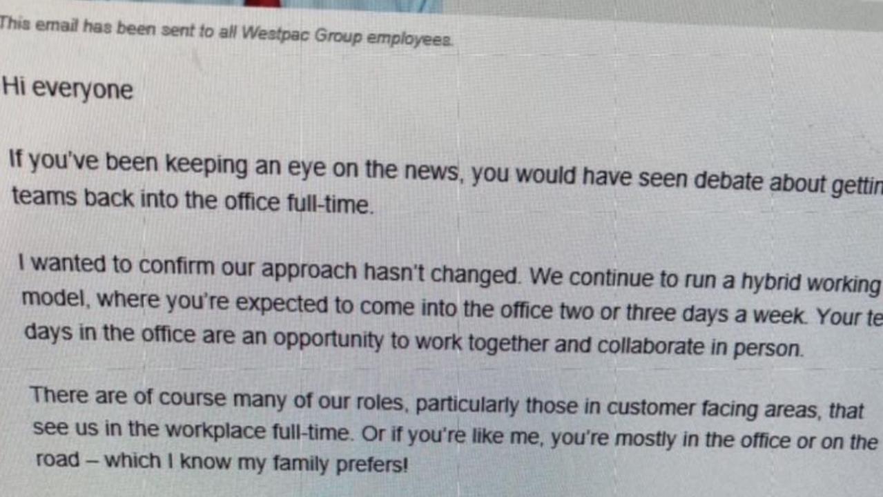 An email to Westpac staff from chief executive Peter King commenting on the work-from-home issue. Picture: @theaussiecorporate/Instagram