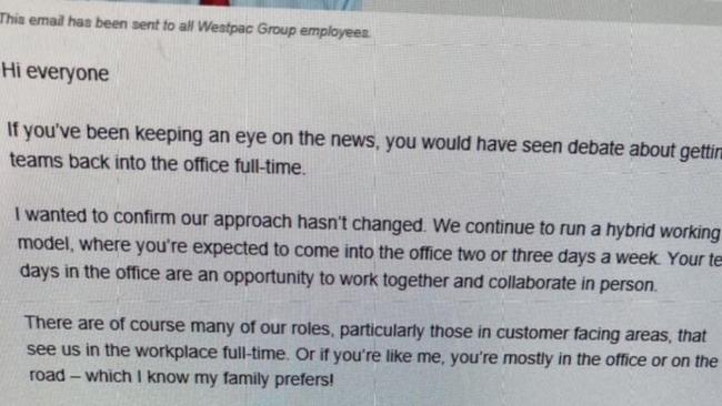 An email to Westpac staff from chief executive Peter King commenting on the work-from-home issue. Picture: @theaussiecorporate/Instagram