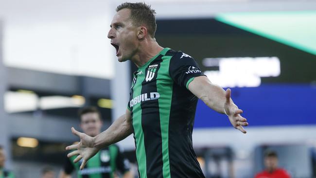 Besart Berisha after scoring the equaliser last week before Western United conceded late. Picture: Alan Barber