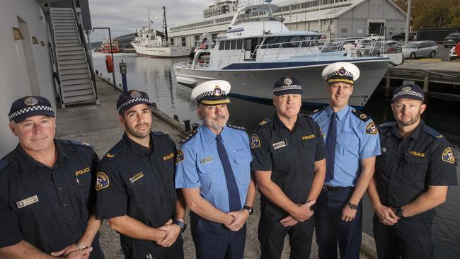 Police Vessel Van Diemen has been sold and is departing Tasmania after nearly 30 years of service, Senior Constable Danny Korn, Senior Constable Matt Smith, Inspector Stephen Watson, Senior Constable Darren Leary, Assistant Commissioner Robert Blackwood and Constable Justin Wolfe. Picture: Chris Kidd