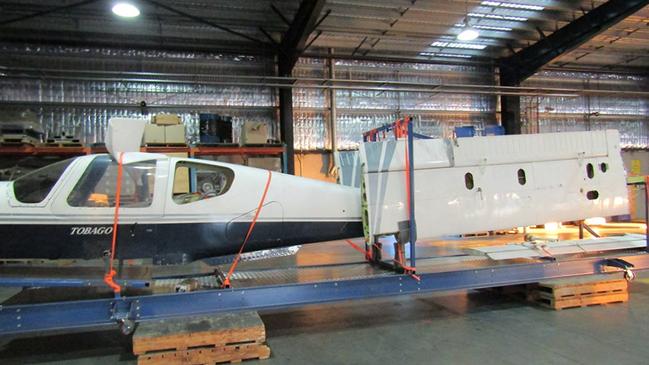 The Piper Warrior plane on the transport stand. Picture: Australian Federal Police