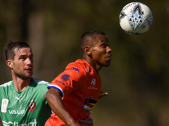 BRISBANE, AUSTRALIA - SEPTEMBER 22: Jheison Macuace of Lions FC in action during the National NPL match between Lions FC and Campbelltown City at Lions Stadium on September 22, 2019 in Brisbane, Australia. (Photo by Albert Perez/Getty Images)