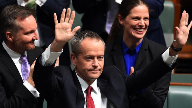 Australian Federal Opposition Leader Bill Shorten celebrates after delivering the 2016-17 Federal Budget Reply speech in the House of Representatives. Picture: Sam Mooy/AAP