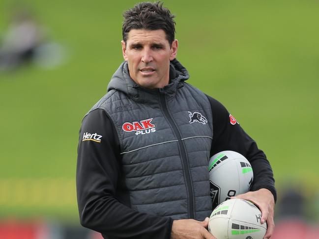 PENRITH, AUSTRALIA - JULY 19: Panthers assistant coach Trent Barrett prepares before the round 10 NRL match between the Penrith Panthers and the North Queensland Cowboys at Panthers Stadium on July 19, 2020 in Penrith, Australia. (Photo by Matt King/Getty Images)