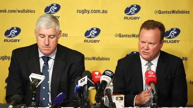 Bill Pulver and Cameron Clyne Chairman of Australian Rugby Union speak to the media.